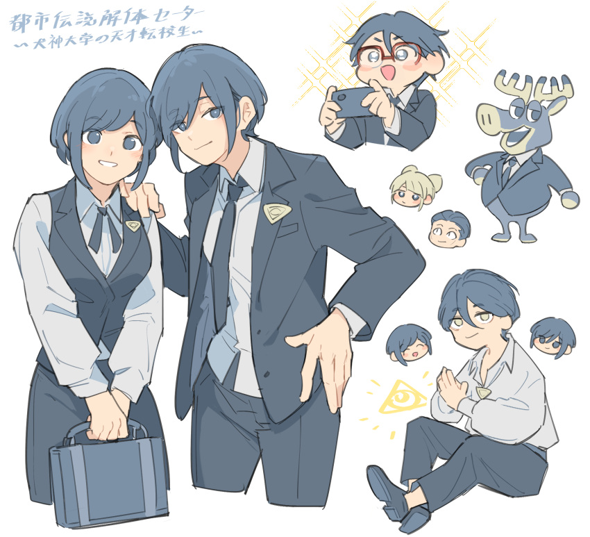 3boys, 3girls, bag, black_jacket, blazer, blue_eyes, blue_hair, breasts