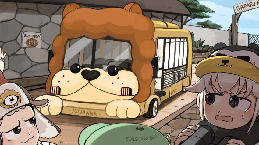 1boy, 1other, 2girls, :3, absurdres, animal-themed_vehicle, binoculars, bird