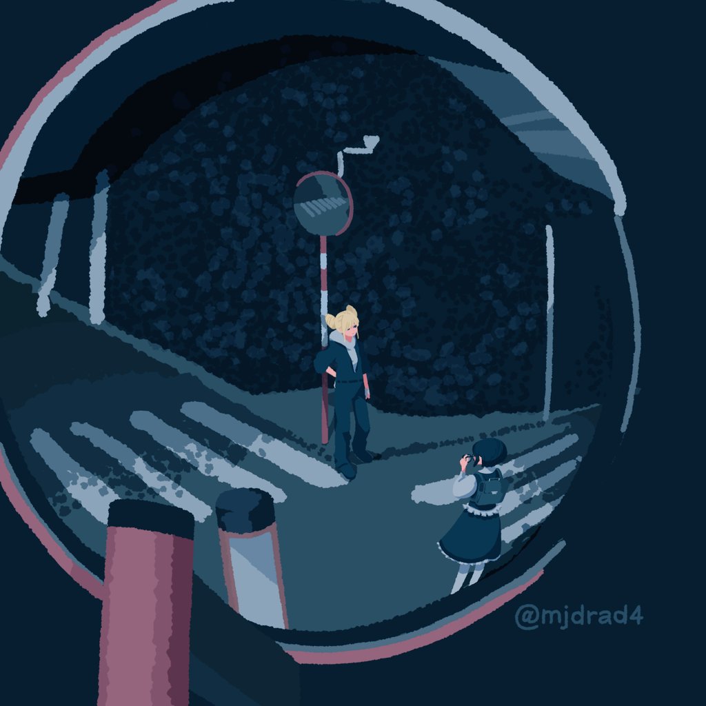 2girls, blonde_hair, blue_background, blue_theme, crosswalk, fukurai_azami, jasmine_(toshi_densetsu_kaitai_center), limited_palette