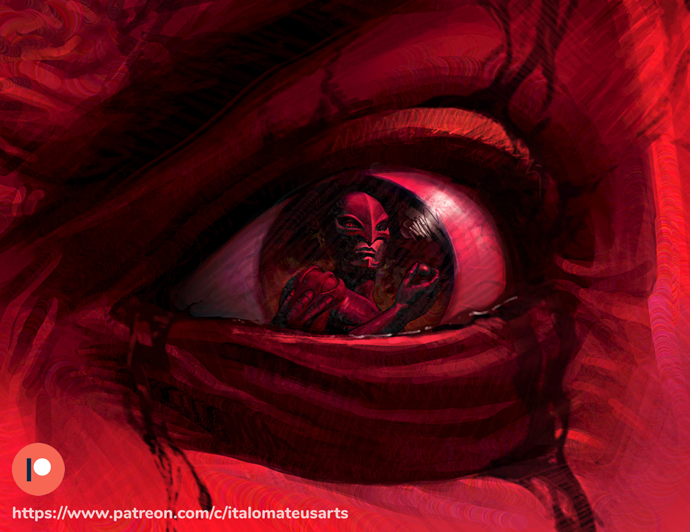 2boys, artist_name, berserk, blood, blood_from_eyes, blood_on_face, close-up, commentary, english_commentary, femto_(berserk), griffith_(berserk), guts_(berserk), helm, helmet, high_detail, italomateusart, looking_at_viewer, multiple_boys, patreon_logo, patreon_username, red_eyes, red_theme, reflection, smile, tearing_up, tears, web_address