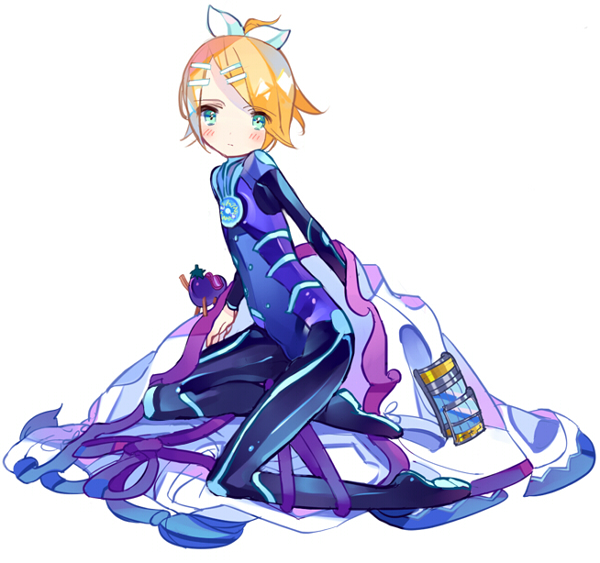bad_id, blonde_hair, blush, bodysuit, cape, cosplay, hagi_(artist), hair_ornament