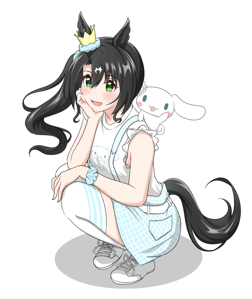1girl, :3, :d, absurdres, abyss_kpn_(ki), animal_ears, black_hair, blue_scrunchie, blue_skirt, cinnamoroll, creature, creature_on_shoulder, crown, ear_ornament, ear_through_crown, from_side, full_body, fuwa_fuwa_cinnamoroll, green_eyes, hair_between_eyes, highres, horse_ears, horse_girl, horse_tail, long_hair, looking_ahead, looking_at_viewer, mini_crown, multicolored_hair, on_shoulder, sanrio, satono_crown_(umamusume), scrunchie, shirt, shoes, side_ponytail, simple_background, skirt, smile, sneakers, squatting, streaked_hair, tail, thigh-highs, umamusume, white_background, white_hair, white_shirt, white_thighhighs, wrist_scrunchie