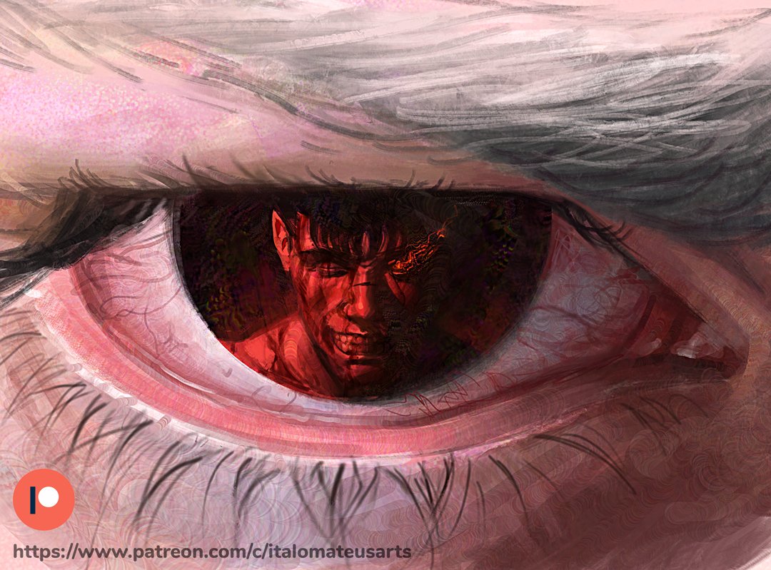 2boys, artist_name, berserk, close-up, commentary, english_commentary, eyelashes, griffith_(berserk), grin, guts_(berserk), high_detail, italomateusart, multiple_boys, one-eyed, one_eye_closed, patreon_logo, patreon_username, pointy_ears, red_eyes, reflection, scar, scar_on_face, scar_on_nose, smile, veins, web_address