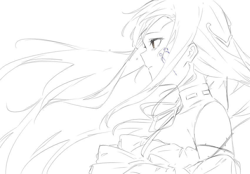 1girl, bang_dream!, closed_mouth, crying, crying_with_eyes_open, facial_mark, floating_hair, greyscale