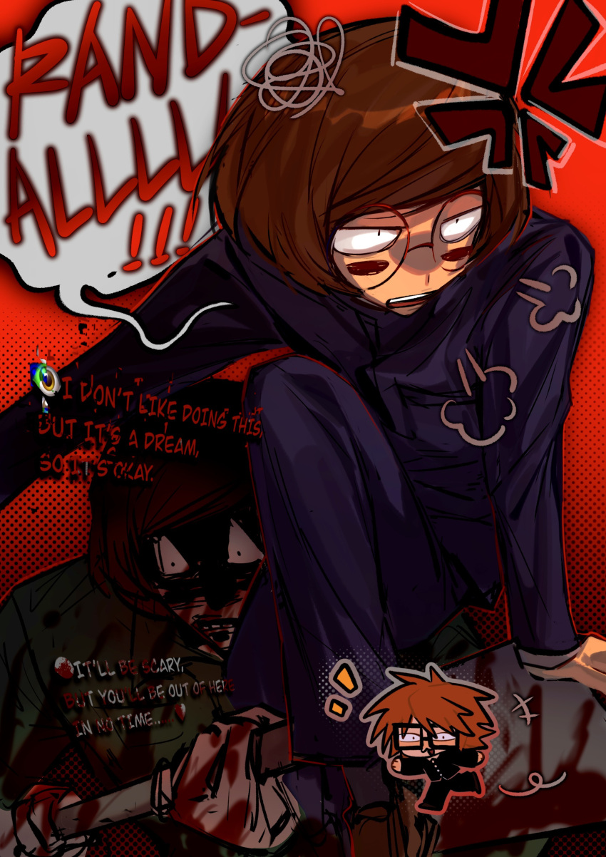 3boys, absurdres, aged_down, anger_vein, axe, axe_luther, blood, blood_on_axe