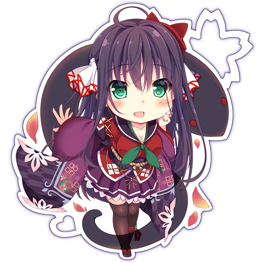 1girl, black_hair, breasts, chibi, emil_chronicle_online, familiar, frilled_skirt, frills, green_eyes, hair_ornament, japanese_clothes, kiyohime_lore, large_breasts, open_mouth, pantyhose, skirt, standing, yumemiya_subaru