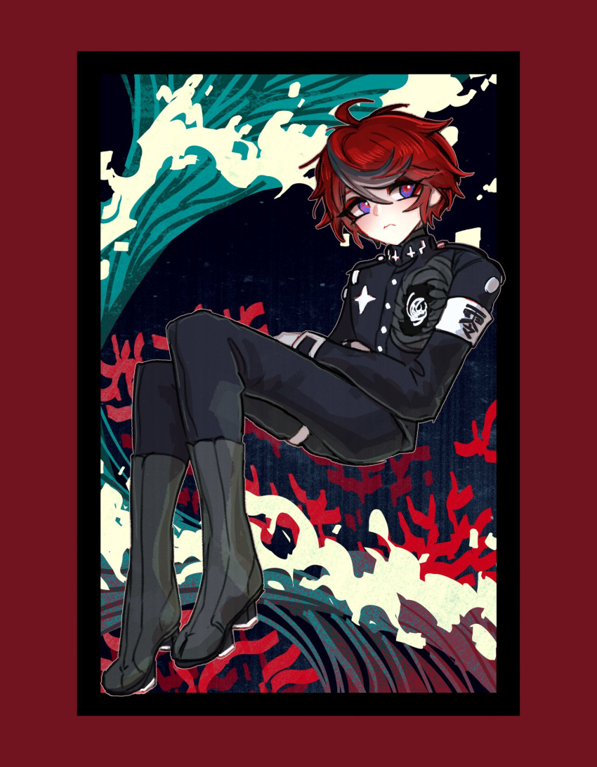 1boy, ahoge, blue_eyes, boots, brown_boots, eyeshadow, frown, full_body