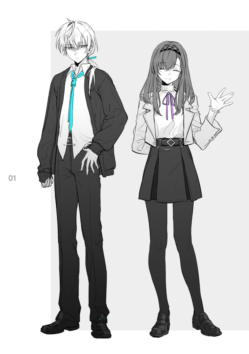 1boy, 1girl, arknights, black_pantyhose, blue_necktie, closed_eyes, collared_shirt, doctor_(arknights)