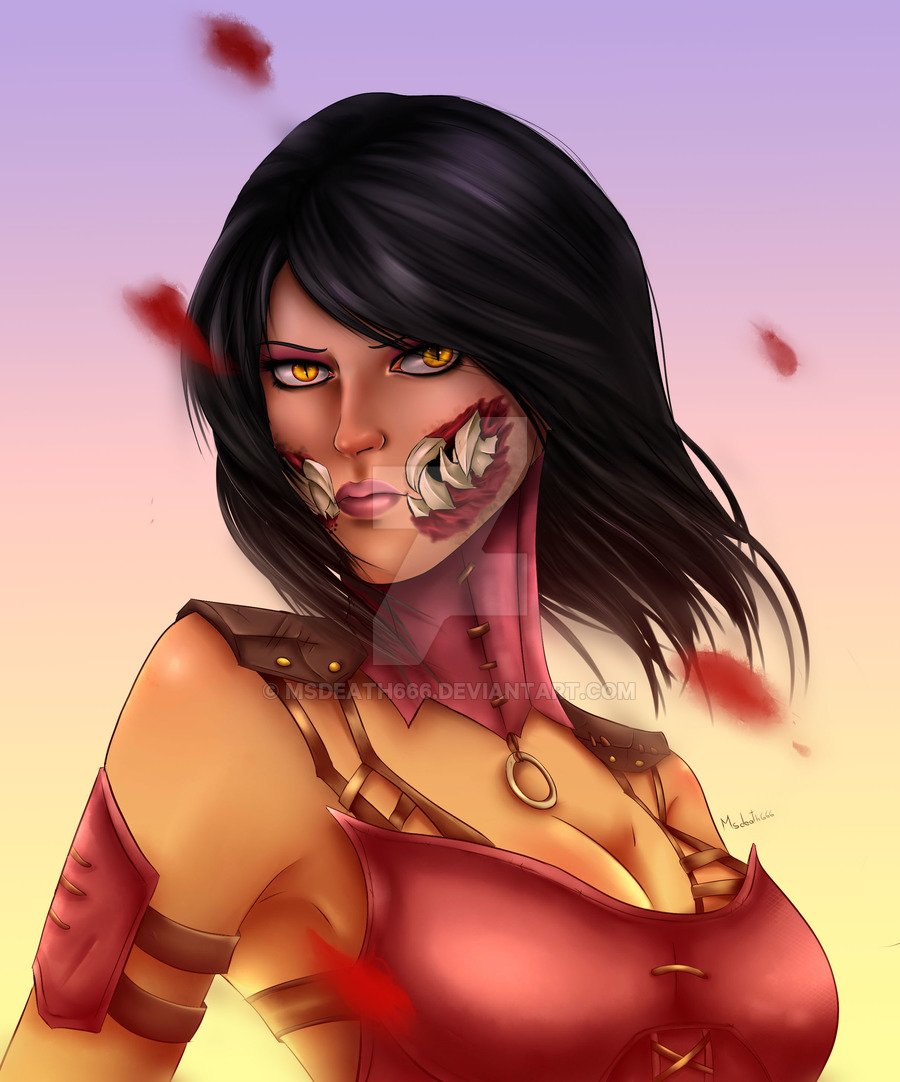 1girl, black_pants, deviantart_logo, female, female_focus, leaves, mileena, mileena_(mortal_kombat)