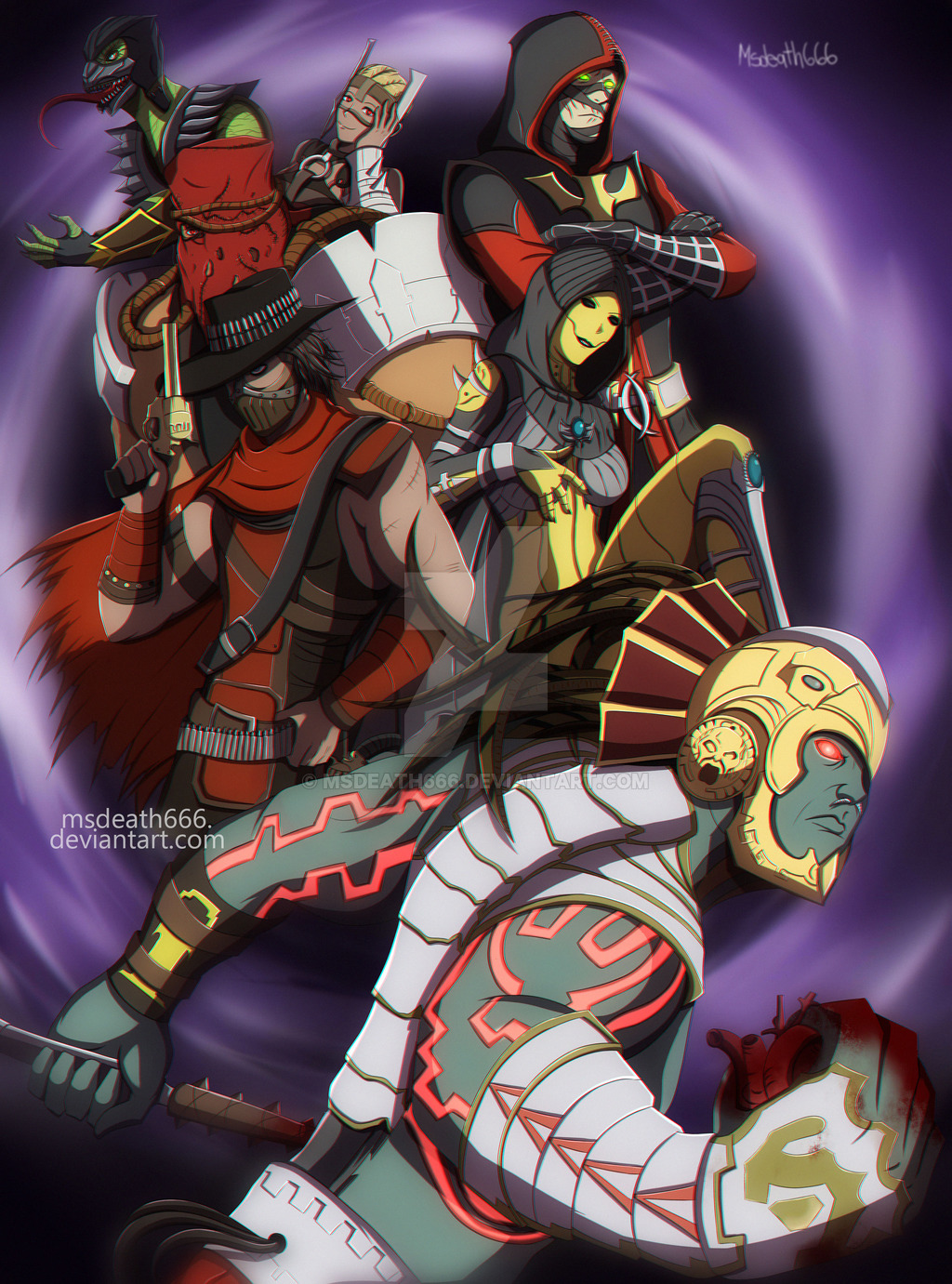 2girls, 5boys, blood, blood_on_hands, d'vorah, ermac, erron_black, ferra