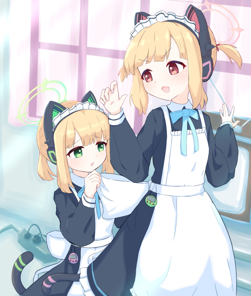2girls, absurdres, animal_ear_headphones, animal_ears, apron, aqua_ribbon, back_bow, black_dress, black_tail, blonde_hair, blue_archive, blush, bow, cat_ear_headphones, cat_ears, cat_tail, collared_dress, commentary_request, contrast_collar, curtains, dress, fake_animal_ears, fake_tail, frilled_apron, frilled_dress, frills, front-to-back, green_eyes, green_halo, hair_ribbon, halo, hands_up, headphones, highres, holding, holding_bow_(ornament), indoors, long_sleeves, looking_at_another, looking_back, maid, maid_apron, maid_headdress, midori_(blue_archive), midori_(maid)_(blue_archive), momoi_(blue_archive), momoi_(maid)_(blue_archive), multiple_girls, neck_ribbon, nyanpa, official_alternate_costume, official_alternate_hairstyle, open_mouth, parted_bangs, parted_lips, pink_halo, power_strip, puffy_long_sleeves, puffy_sleeves, raised_inner_eyebrows, red_eyes, red_ribbon, ribbon, short_hair, short_twintails, siblings, sidelocks, sisters, smile, tail, television, turning_head, twins, twintails, v-shaped_eyebrows, virtual_pet_(toy), white_apron, white_bow, white_headdress, window