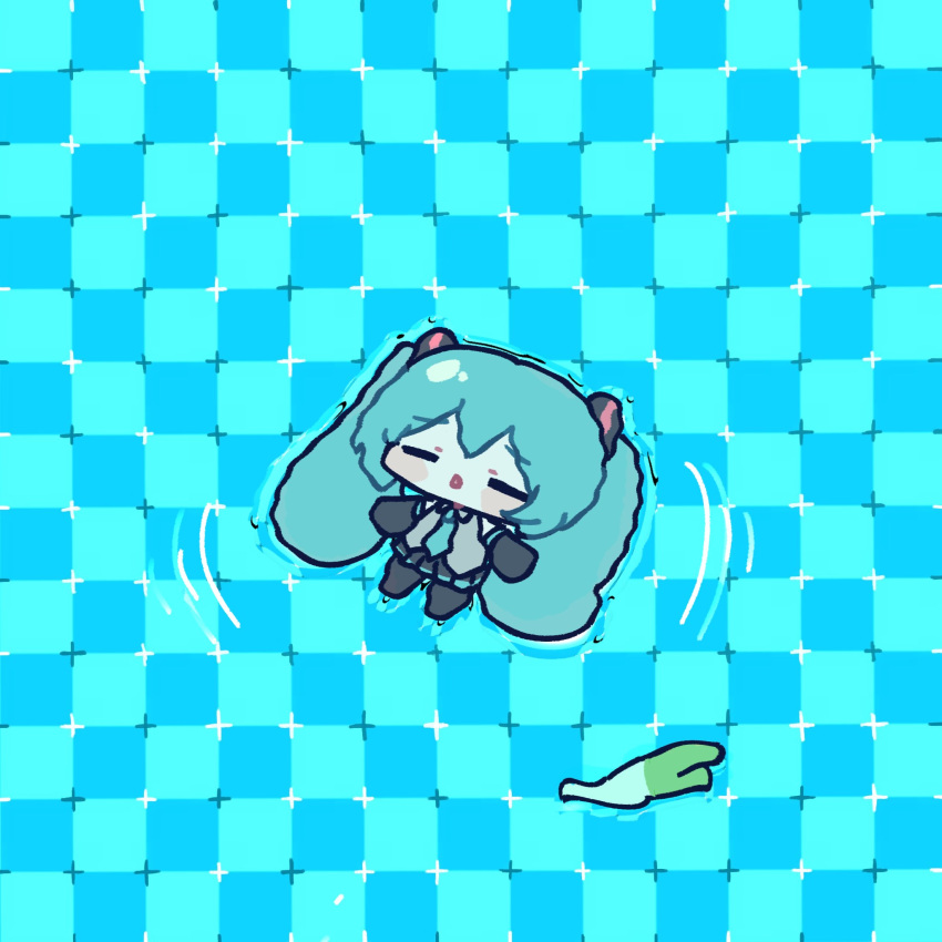 1girl, aqua_hair, aqua_necktie, aqua_trim, black_skirt, black_sleeves, blue_background, blush