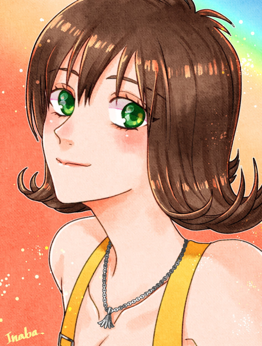 1girl, brown_hair, closed_mouth, final_fantasy, final_fantasy_viii, flipped_hair, green_eyes, highres