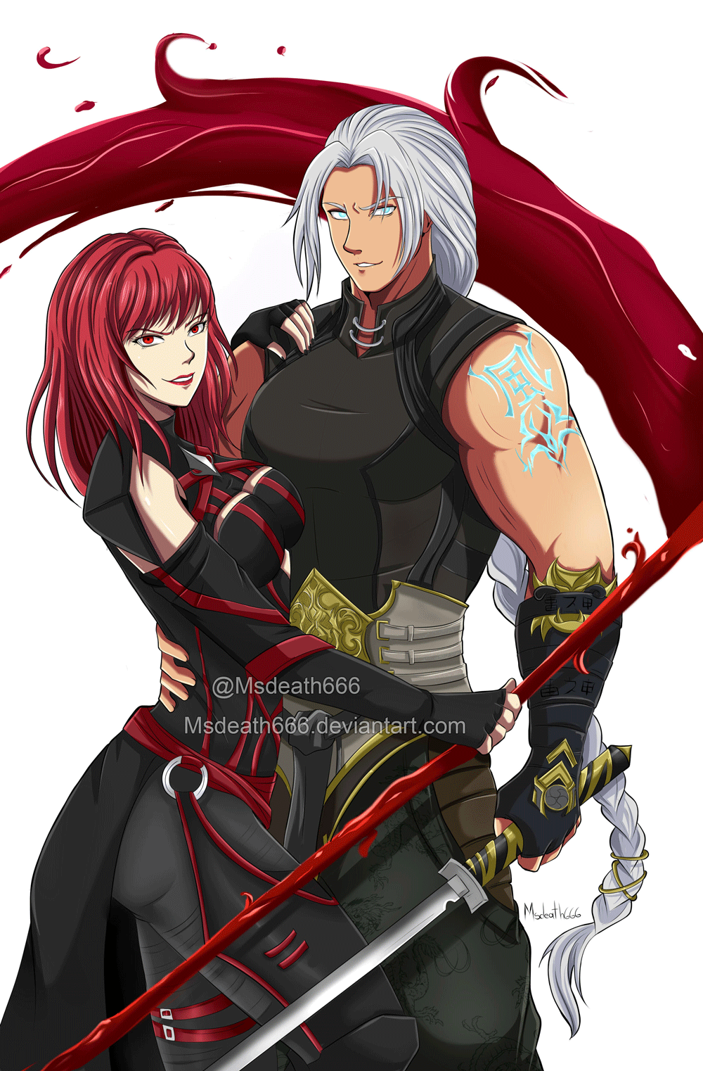 1boy, 1girl, blue_eyes, braided_ponytail, fujin_(mortal_kombat), mortal_kombat, mortal_kombat_11, msdeath666