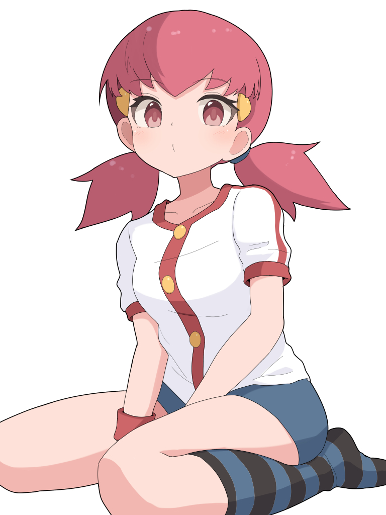 1girl, buttons, closed_mouth, collarbone, commentary_request, eyelashes, hair_ornament, hairclip, hiyoshipow, jacket, pink_eyes, pink_hair, pokemon, pokemon_hgss, short_sleeves, shorts, simple_background, sitting, socks, solo, striped_clothes, striped_socks, twintails, white_background, white_jacket, whitney_(pokemon), wristband