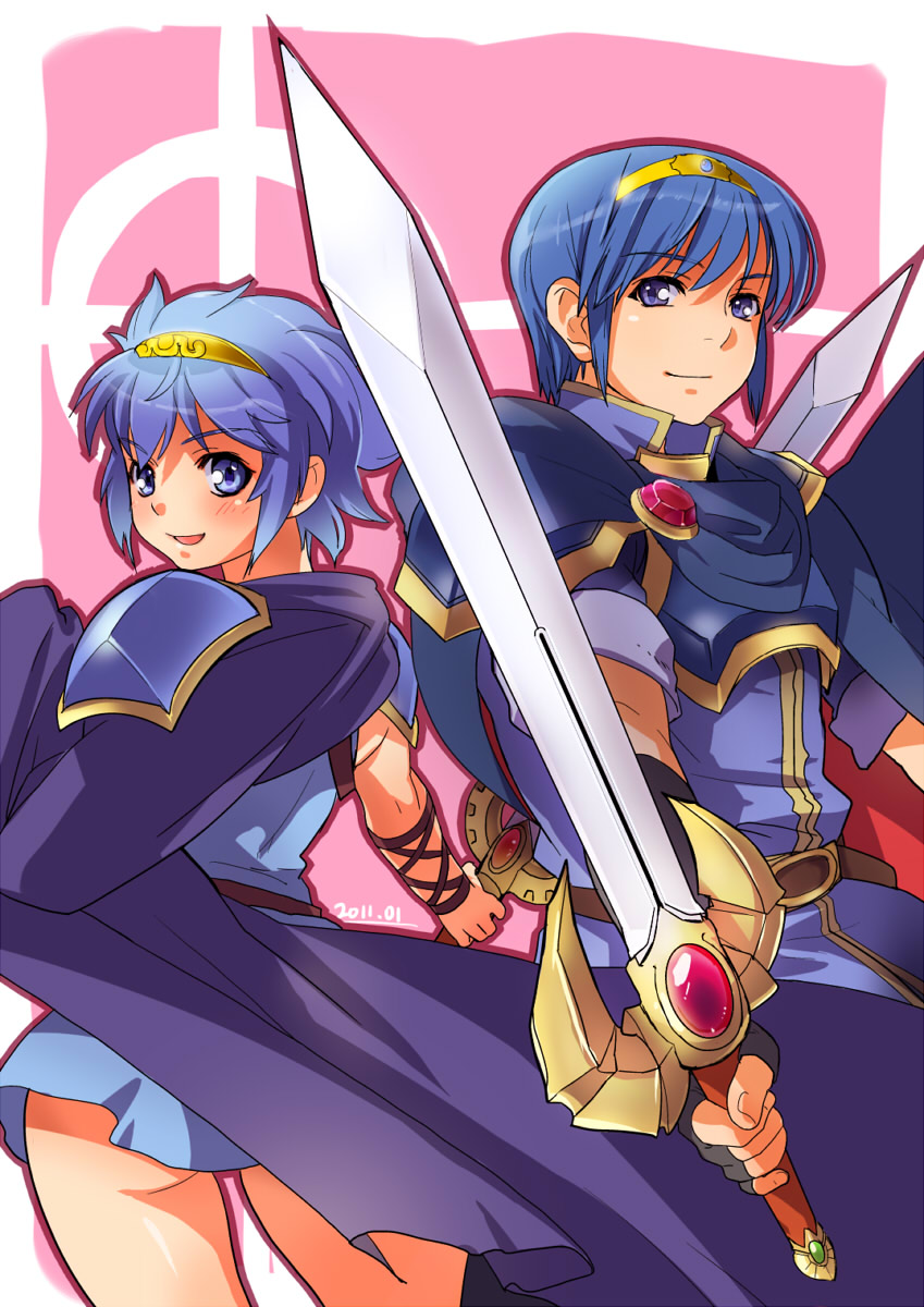 1boy, 1girl, back-to-back, blue_eyes, blue_hair, dual_persona, fire_emblem, fire_emblem:_mystery_of_the_emblem, fire_emblem:_shin_ankoku_ryuu_to_hikari_no_tsurugi, fire_emblem_mystery_of_the_emblem, fire_emblem_shadow_dragon, genderswap, genderswap_(mtf), highres, intelligent_systems, marth, marth_(fire_emblem), nintendo, noshiro_masaru, pauldron, pauldrons, short_hair, smile, sword, tiara, weapon, yajiro_masaru