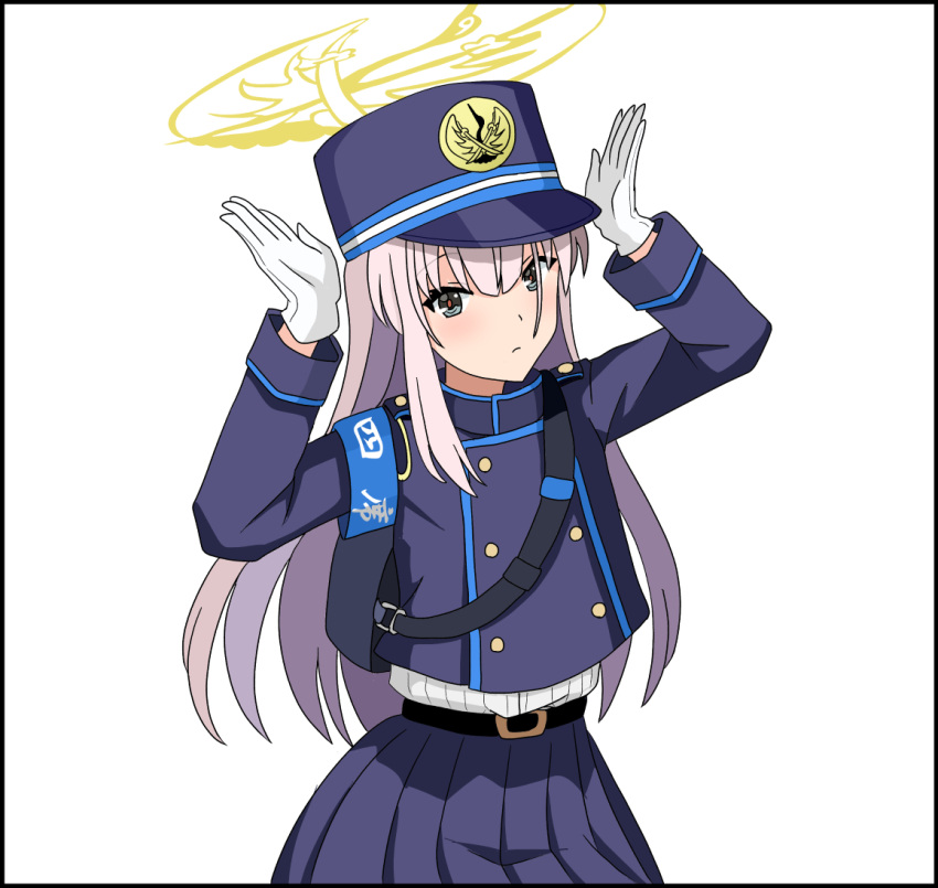 1girl, armband, belt, black_belt, blue_archive, blue_armband, blue_hat, blue_skirt