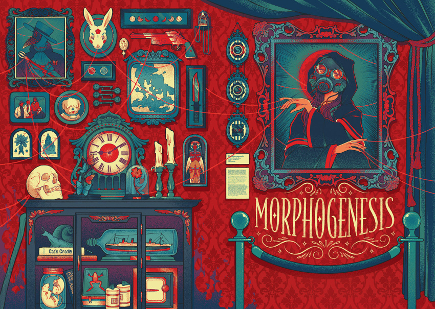 1girl, 1other, 4boys, alice_(kyokugen_dasshutsu), analog_clock, bird, birdcage, book