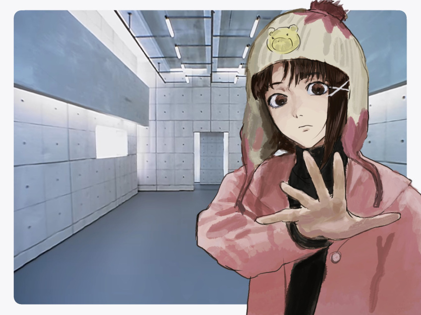 1girl, asymmetrical_hair, bingi, brown_eyes, brown_hair, closed_mouth, coat, expressionless, hair_ornament, hairclip, hat, highres, indoors, iwakura_lain, jamiroquai, long_sleeves, looking_at_viewer, meme, photo-referenced, pink_coat, reaching, reaching_towards_viewer, serial_experiments_lain, short_hair, single_sidelock, solo, sweater, turtleneck, turtleneck_sweater, upper_body, virtual_insanity_(song), x_hair_ornament