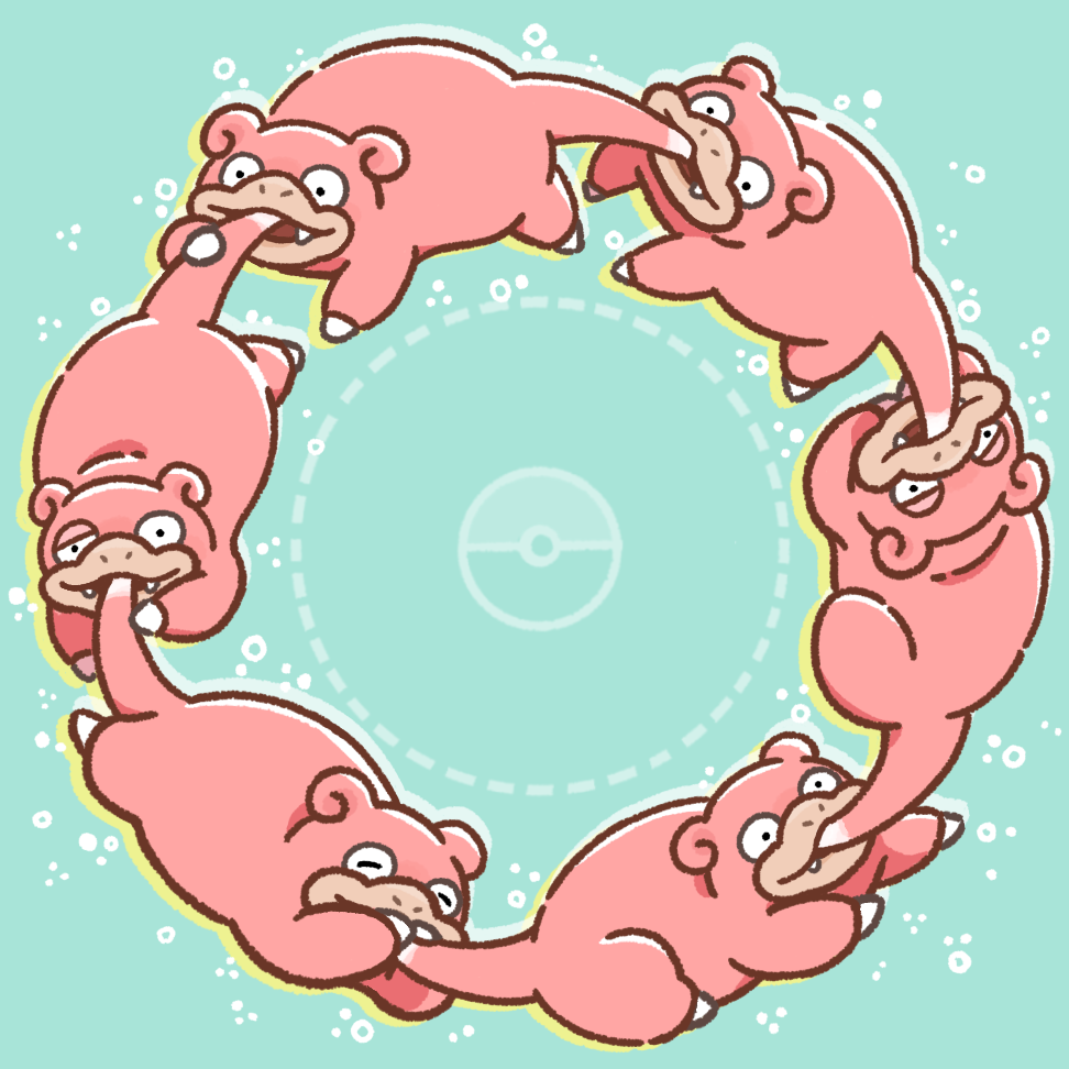 animal_focus, aqua_background, biting_another's_tail, circle_formation, closed_eyes, closed_mouth, commentary_request, fangs