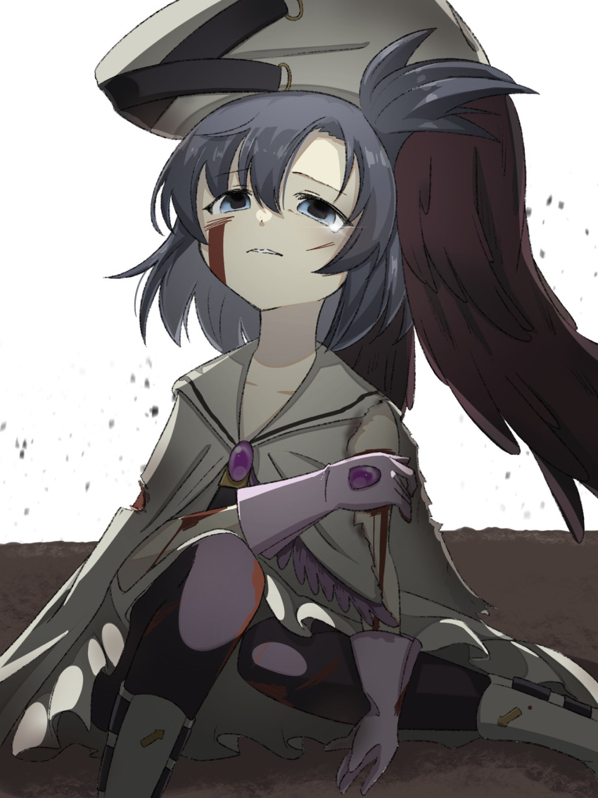 1girl, asako_koito, blood, blood_on_face, blue_eyes, blue_hair, cape, gloves, haonkpizfz44569, hat, highres, looking_at_viewer, mahou_shoujo_madoka_magica, mahou_shoujo_oriko_magica, medium_hair, sitting, solo, white_cape, white_gloves
