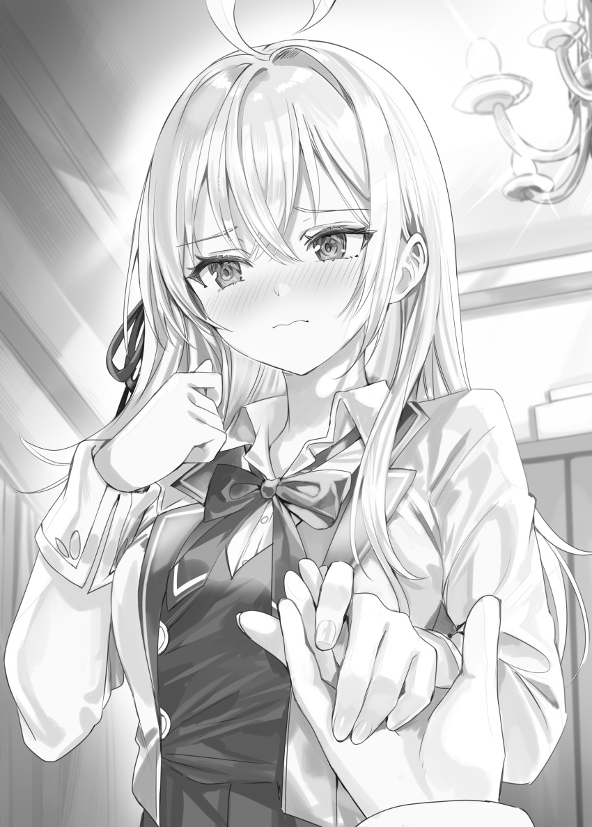 1boy, 1girl, absurdres, ahoge, alisa_mikhailovna_kujou, averting_eyes, blazer, blush