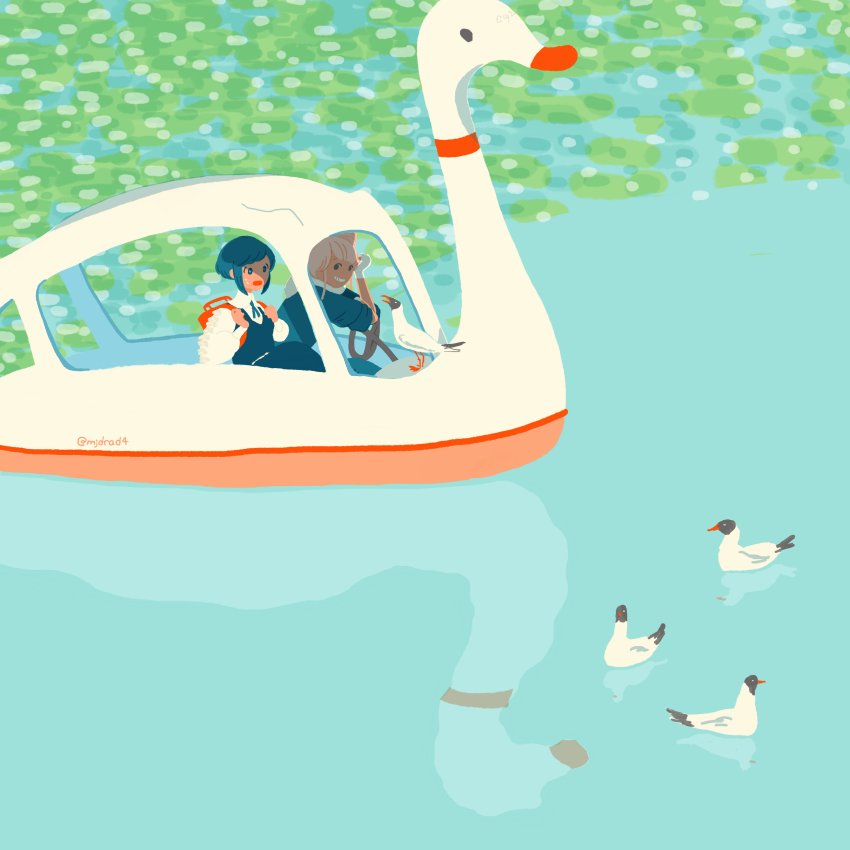 2girls, backpack, bag, bird, boat, collared_shirt, commentary_request, cone_hair_bun