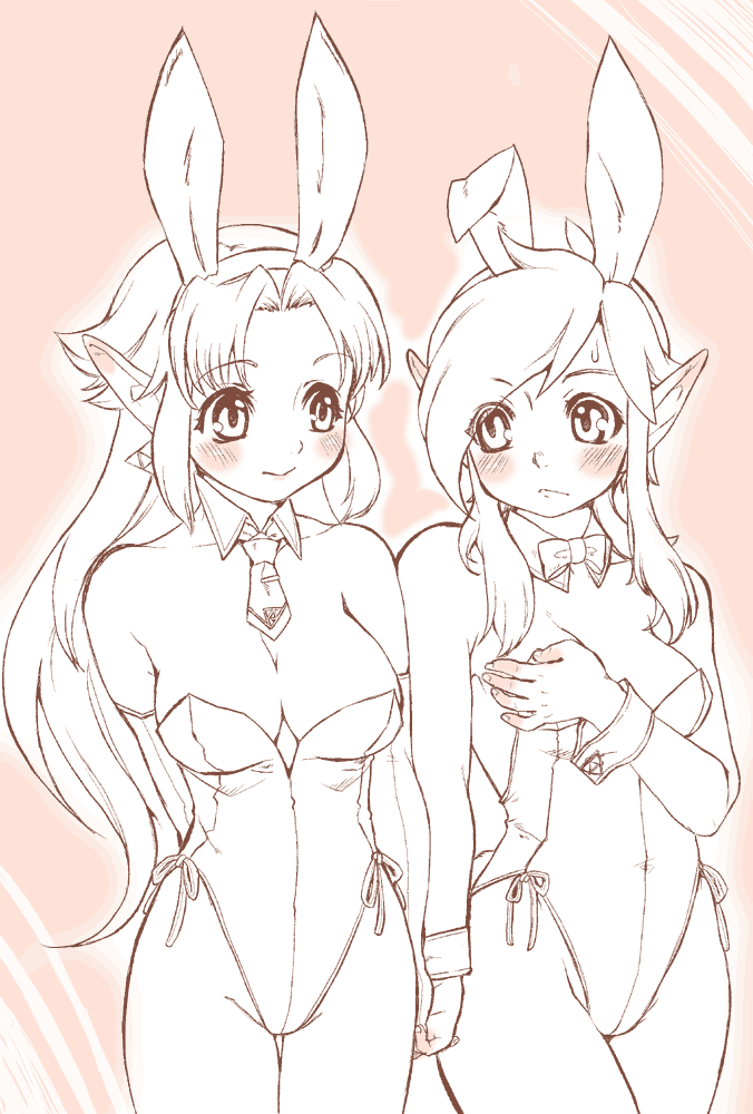 a_link_to_the_past, blush, breasts, bunny_ears, bunnysuit, cleavage, earrings, genderswap