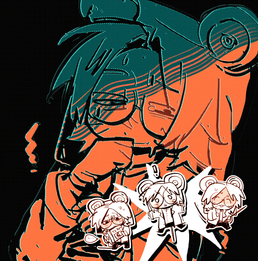 1boy, animal_hat, black_background, chibi, coat, cocobolo64588, glasses, hat