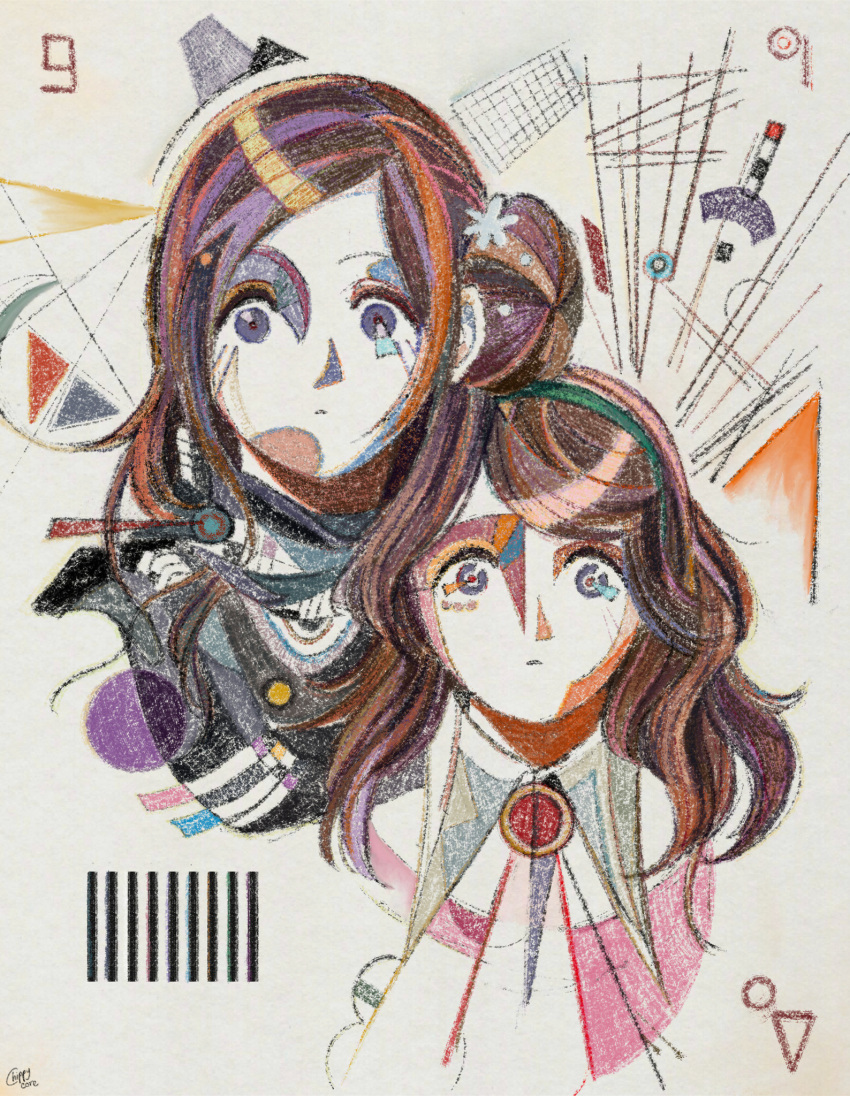 2girls, abstract, aged_down, artist_name, brown_hair, chippycore, closed_mouth, collar, commentary, dual_persona, english_commentary, faux_traditional_media, hair_bun, highres, kurashiki_akane, kyokugen_dasshutsu, kyokugen_dasshutsu:_9_jikan_9_nin_9_no_tobira, long_hair, looking_at_viewer, multiple_girls, portrait, scarf, signature, single_hair_bun, single_side_bun, violet_eyes, white_background