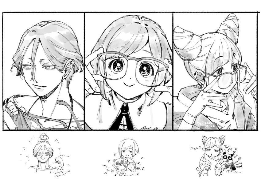 1boy, 2girls, adjusting_eyewear, bespectacled, cat, chibi, collared_shirt, column_lineup