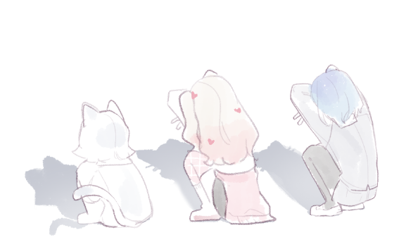 3girls, animal_ears, arms_up, black_leggings, black_skirt, blonde_hair, blue_hair, cat_ears