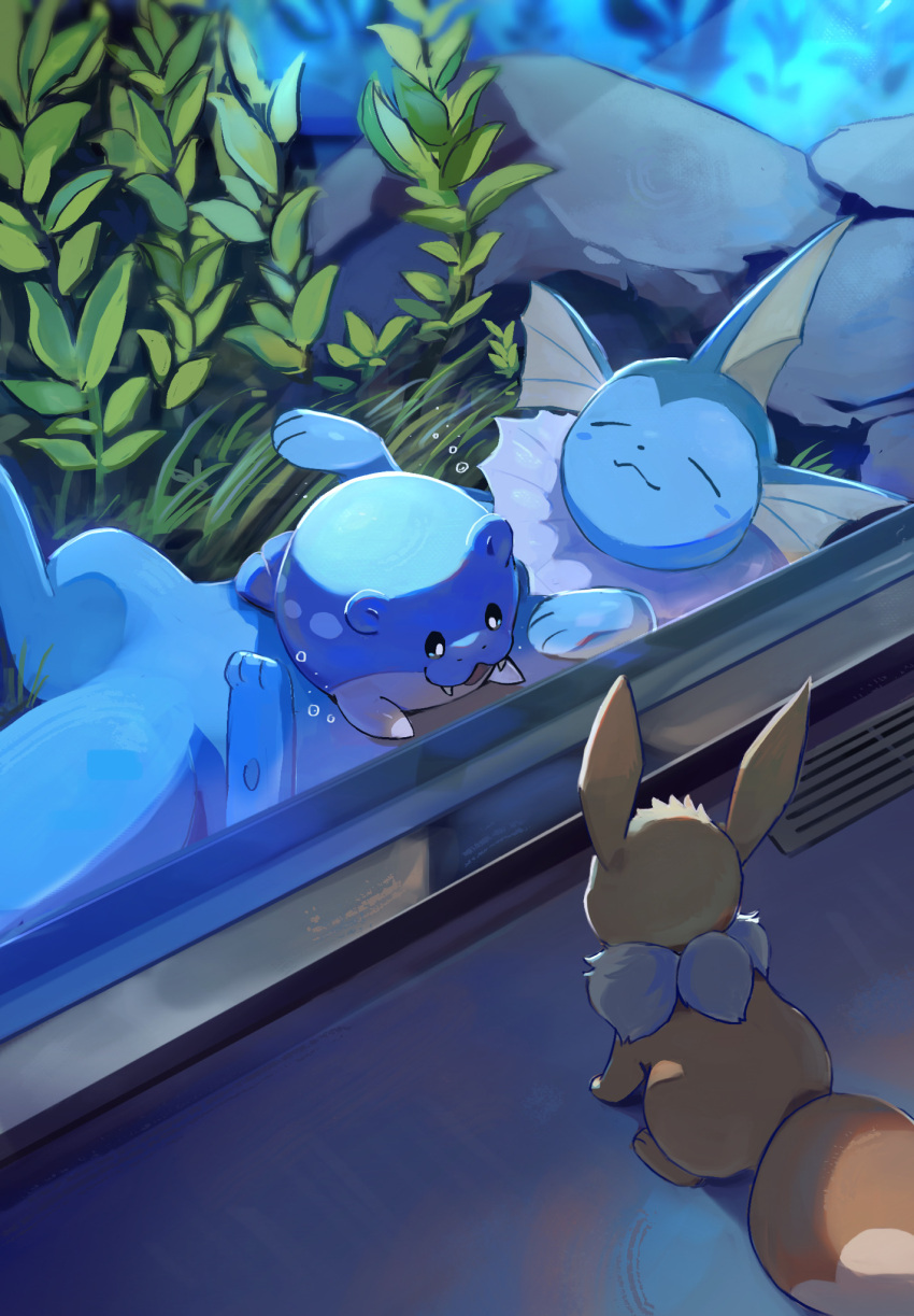aquarium, black_eyes, chufflepop, closed_eyes, eevee, english_commentary, eye_contact, highres