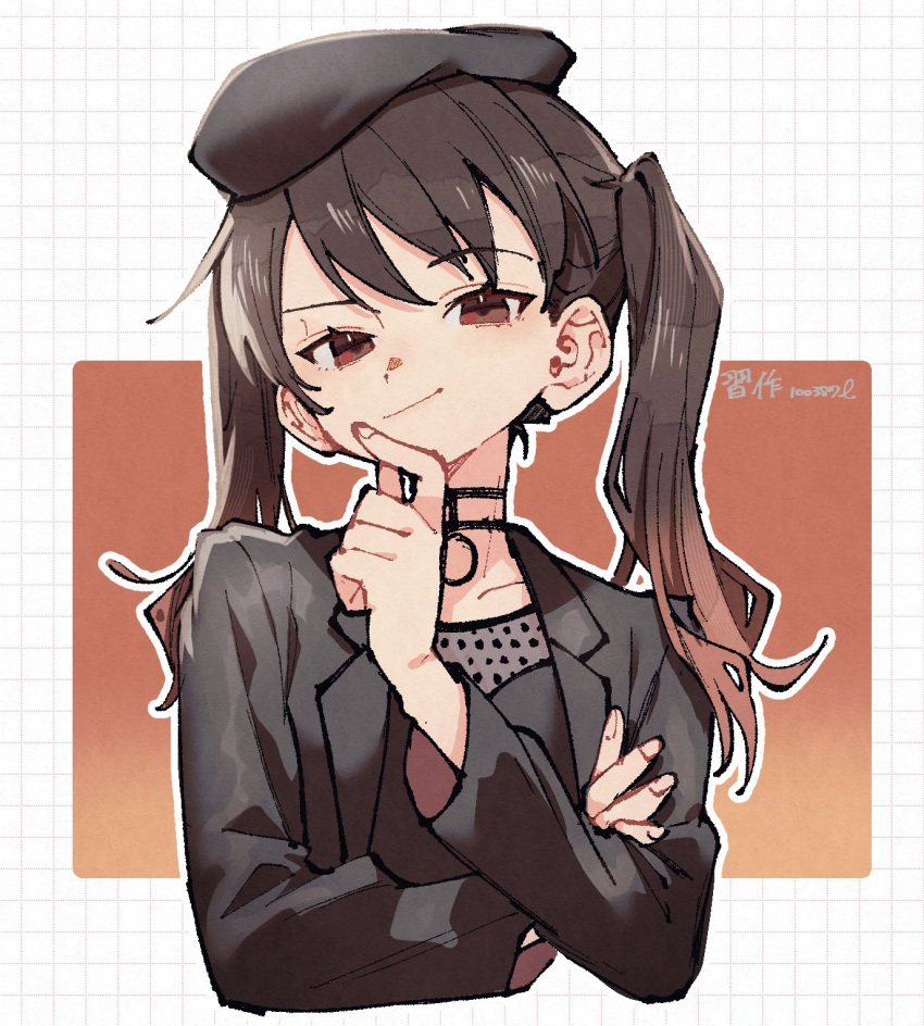 100387l, 1girl, beret, black_choker, black_hat, black_jacket, black_shirt, bocchi_the_rock!
