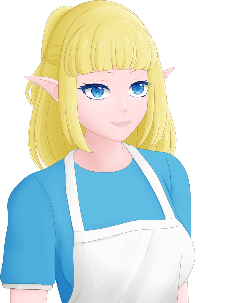 1girl, absurdres, apron, blonde_hair, blue_eyes, blue_shirt, blunt_bangs, breasts, commission, commissioner_upload, elf, elvavena_araline, highres, long_hair, makeup, official_art, pointy_ears, ponytail, selinanovalight, shirt, short_sleeves, smile, solo, tagme, upper_body, ways_of_darkness_(series)