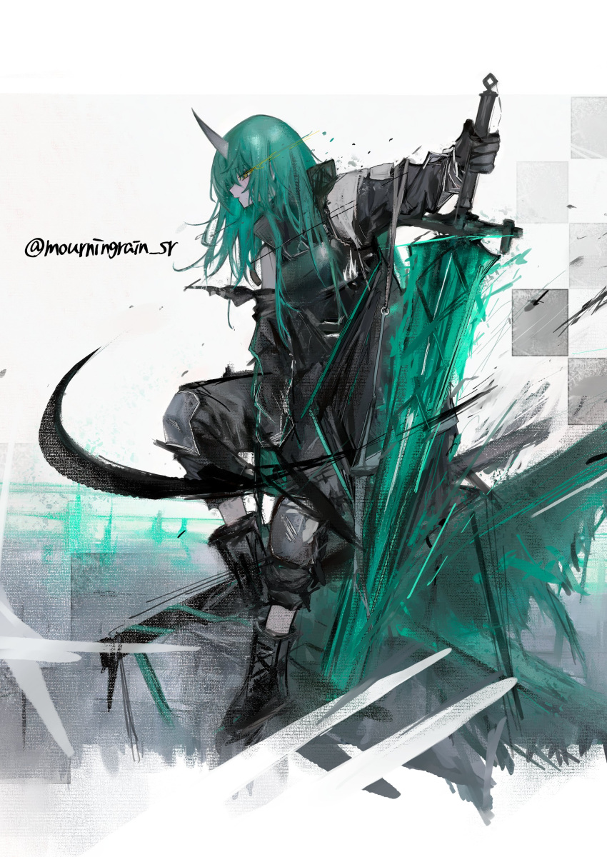 1girl, absurdres, arknights, full_body, green_hair, highres, holding, holding_sword