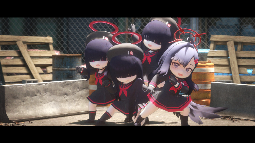 3d, 4girls, beret, black_gloves, black_hair, black_hat, black_serafuku, black_skirt
