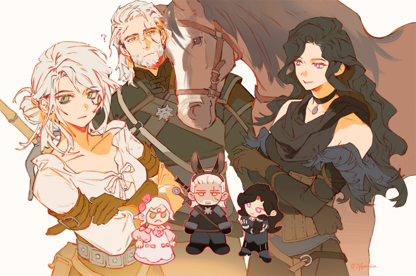 1boy, 2girls, black_choker, black_hair, brown_gloves, choker, ciri, crossed_arms