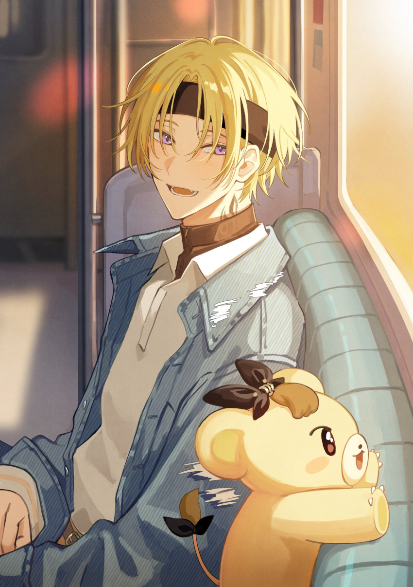 1boy, :d, absurdres, belt, belt_buckle, black_headband, black_shirt, blonde_hair, blue_jacket, blush, brown_belt, buckle, claws, collared_jacket, collared_shirt, commentary, curry_ytd, denim, denim_jacket, fangs, headband, highres, indoors, jacket, long_sleeves, looking_at_viewer, luca_kaneshiro, luca_kaneshiro_(5th_costume), lucub_(luca_kaneshiro), male_focus, neck_tattoo, nijisanji, nijisanji_en, official_alternate_costume, official_alternate_hairstyle, open_clothes, open_jacket, open_mouth, parted_bangs, pole, shirt, short_hair, sitting, sleeves_past_wrists, smile, solo, symbol-only_commentary, tattoo, teeth, train_interior, turtleneck, violet_eyes, virtual_youtuber, white_shirt, window