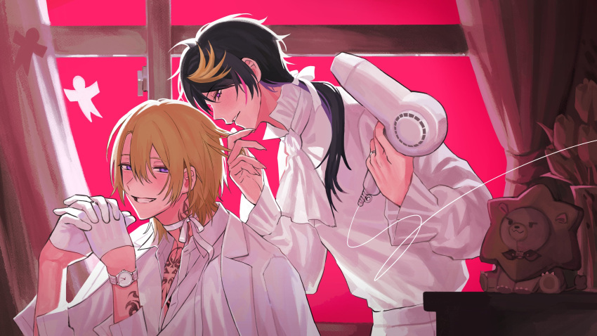 2boys, arm_tattoo, ascot, augustus_(luca_kaneshiro), black_hair, blonde_hair, blush, cable