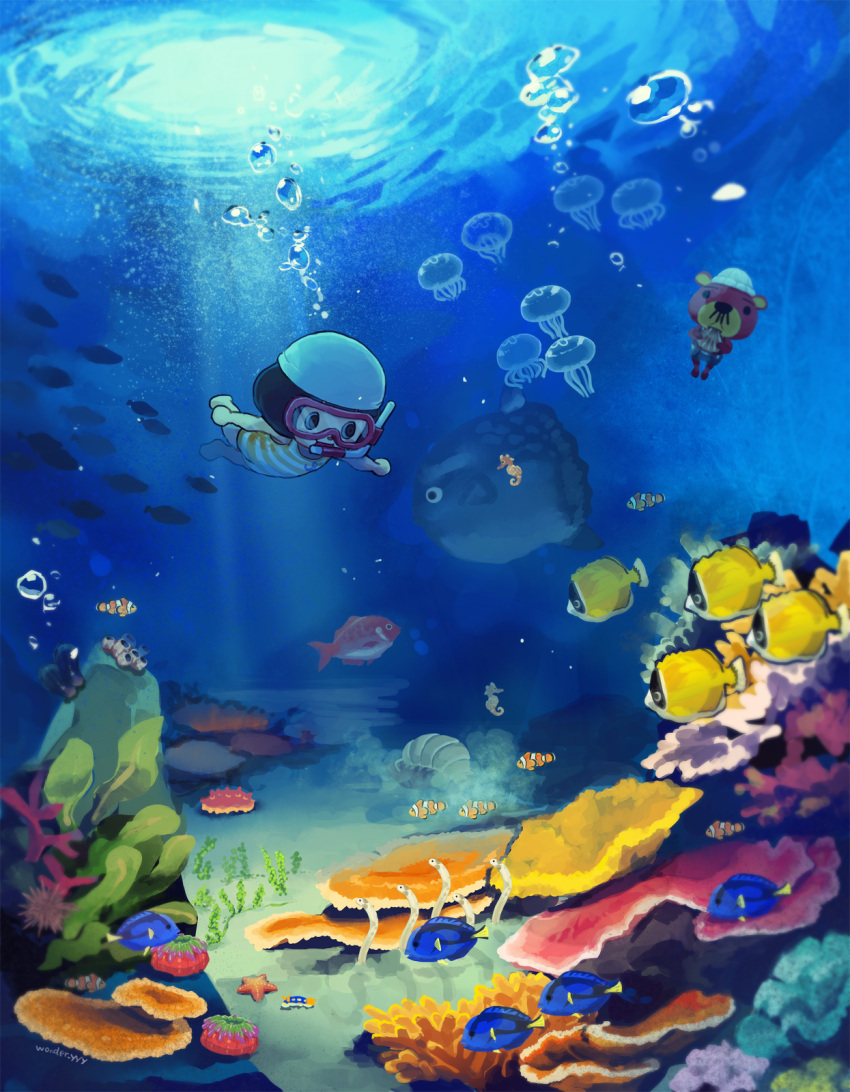 1boy, 1girl, air_bubble, algae, animal_crossing, animal_ears, animal_nose, artist_name