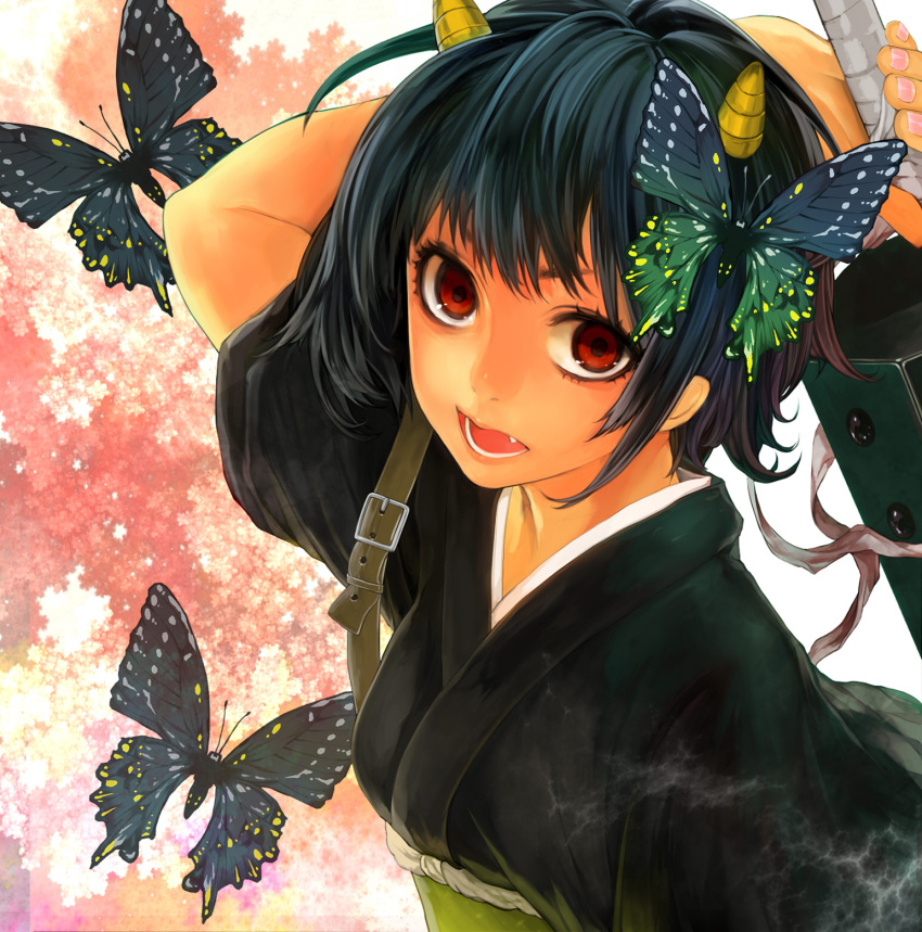 bust, butterfly, club, fang, gedomaru, gintama, highres, horns, kanabou, red_eyes, solo, tcb, weapon