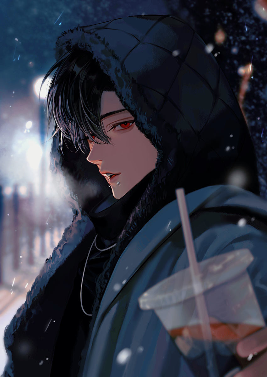 1boy, absurdres, aegyo_sal, black_hair, black_jacket, black_sleeves, cup, face_piercing