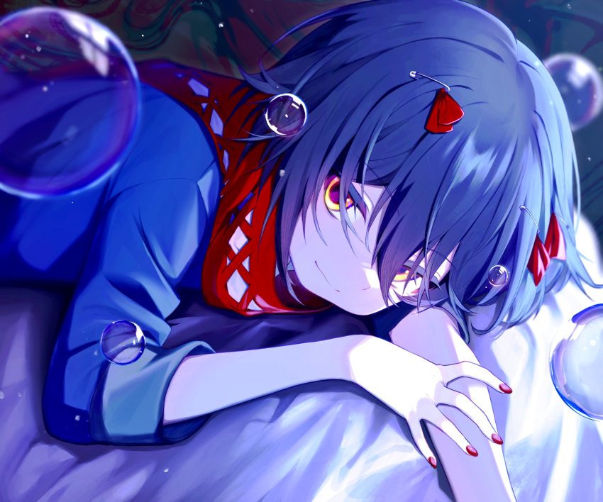 1boy, androgynous, blue_hair, blue_shirt, blue_theme, bubble, colored_eyelashes, dodonpa_tuyoi, hair_between_eyes, highres, looking_at_viewer, lying, male_focus, mashiro_meme, mashiro_meme_(1st_costume), nijisanji, on_stomach, pale_skin, red_nails, safety_pin_hair_ornament, scarf, shirt, smile, solo, trap, virtual_youtuber, yellow_eyes