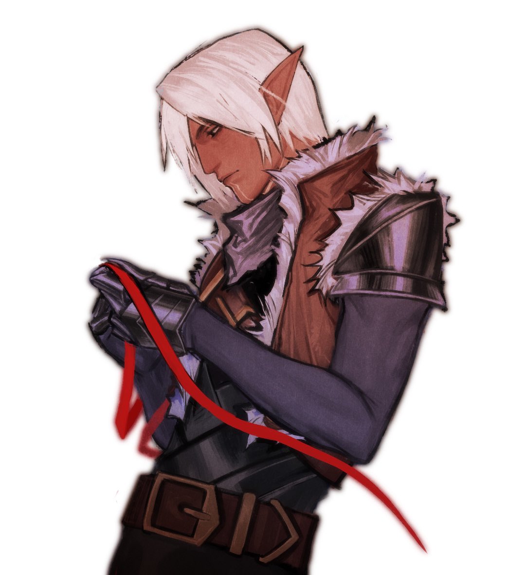 1boy, armor, arms_up, belt, belt_buckle, black_pants, breastplate, brown_belt, brown_jacket, buckle, closed_mouth, commentary, cowboy_shot, cyq_kk, dark-skinned_male, dark_skin, dragon_age, dragon_age_2, elf, english_commentary, fenris_(dragon_age_2), from_side, fur-trimmed_jacket, fur_trim, hair_behind_ear, holding, holding_ribbon, jacket, long_pointy_ears, long_sleeves, looking_down, male_focus, open_clothes, open_jacket, pants, parted_hair, pauldrons, pointy_ears, profile, red_ribbon, ribbon, shoulder_armor, simple_background, solo, white_background, white_fur, white_hair