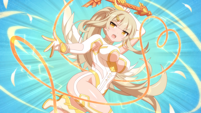 1girl, blonde_hair, bodysuit, feathered_wings, gabriel_(sakura_cupid), gloves, hair_ornament, hairpin