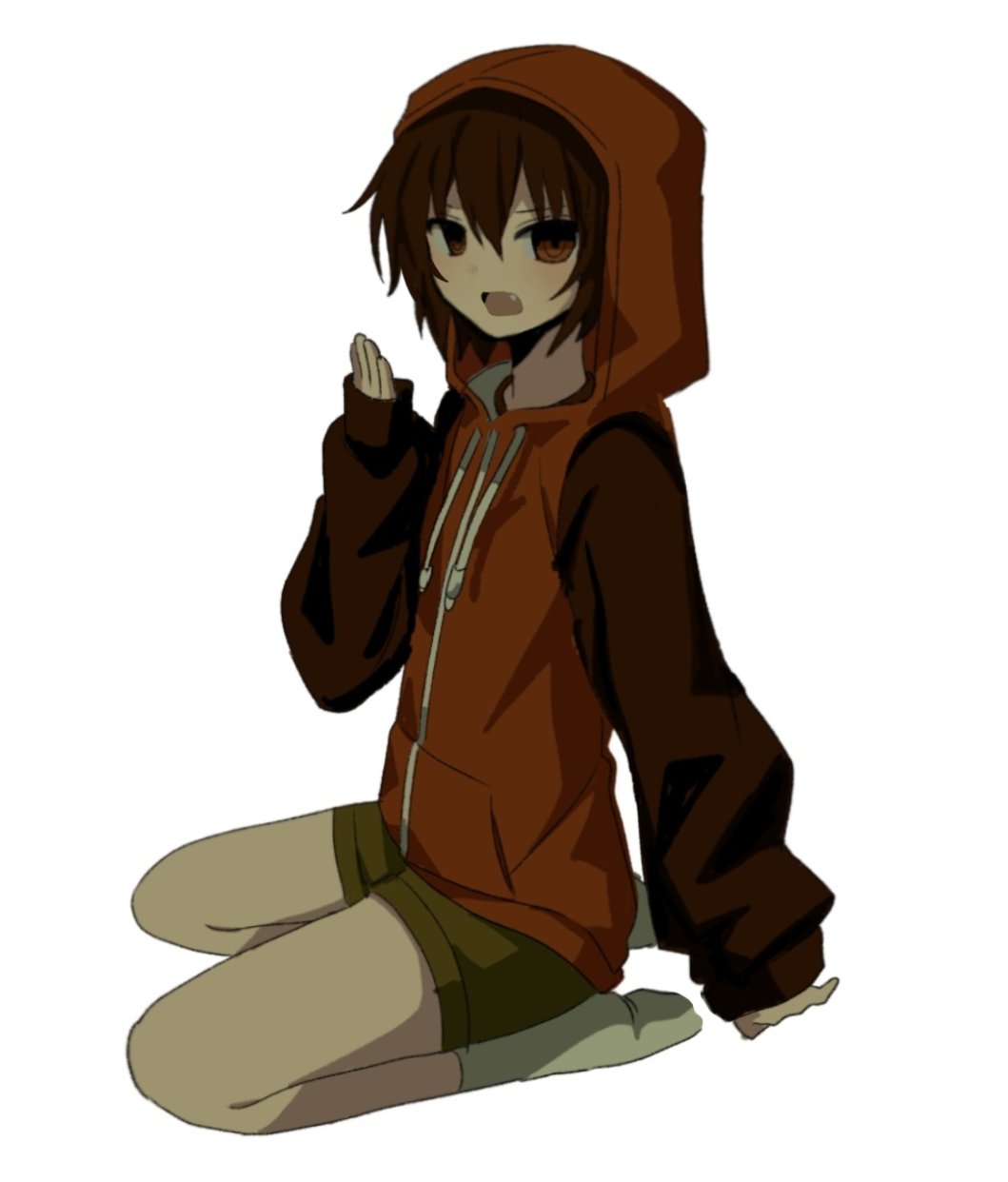1boy, brown_eyes, brown_hair, debakshotgun0, fang, full_body, green_shorts, gwak_jun-hyeong