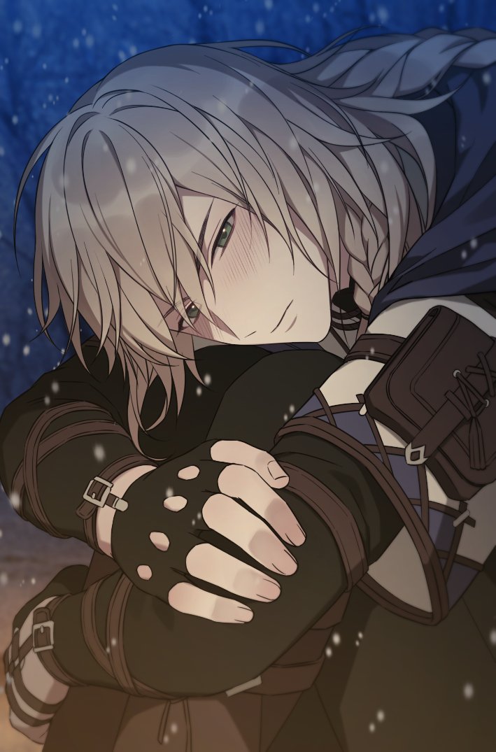 1boy, black_gloves, black_pants, blonde_hair, blue_cape, blush, braid, cape