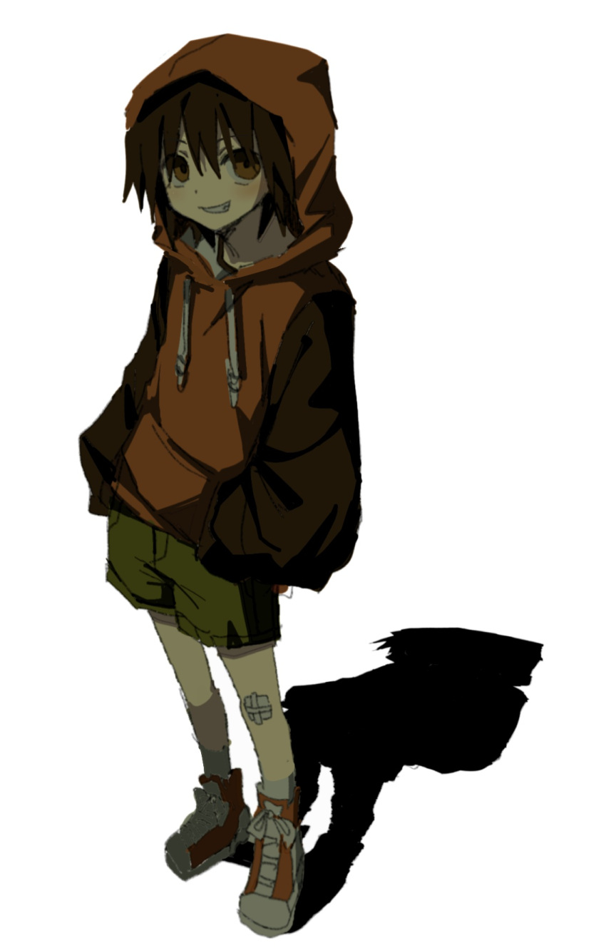 1boy, bandaid, brown_eyes, brown_hair, brown_hoodie, debakshotgun0, full_body, green_shorts