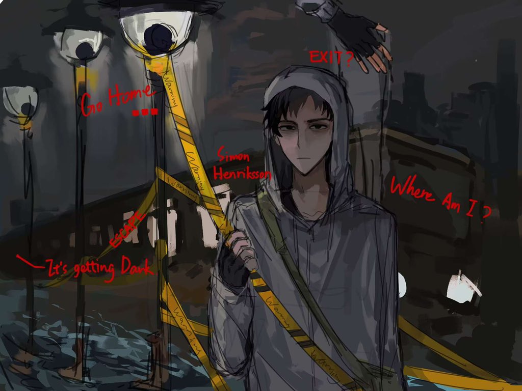 1boy, :|, bag, bags_under_eyes, black_gloves, black_hair, building, caution_tape